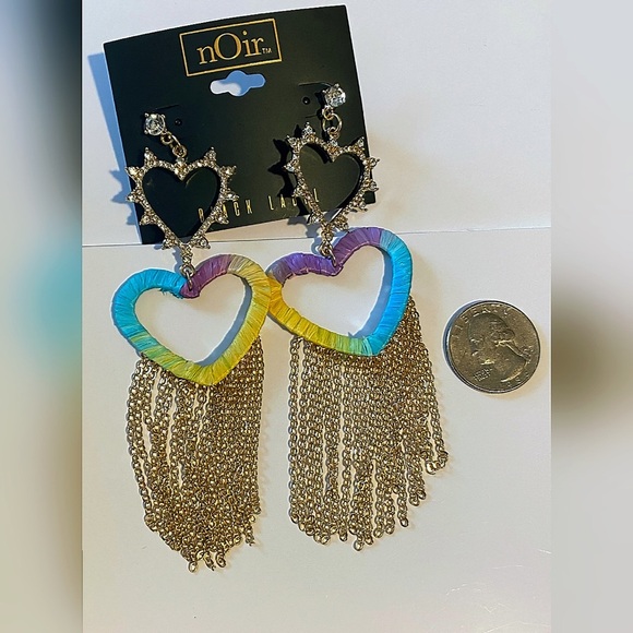 Noir Double Heart Gemstone Tassel Earrings - Picture 3 of 6